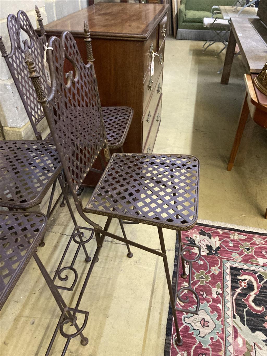 A set of four metal folding garden bar chairs, width 39cm, depth 38cm, height 120cm